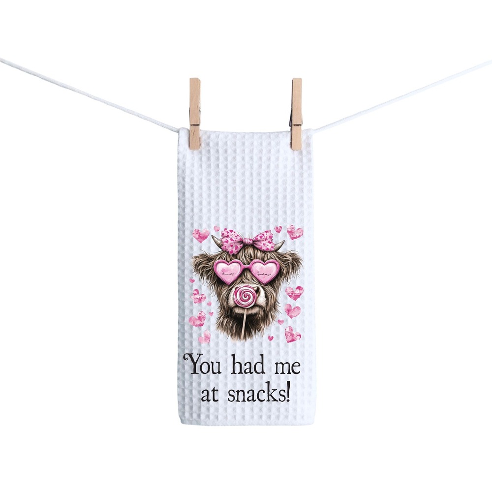 Valentine's Day Highland Cow Kitchen Towel – "You Had Me at Snacks"